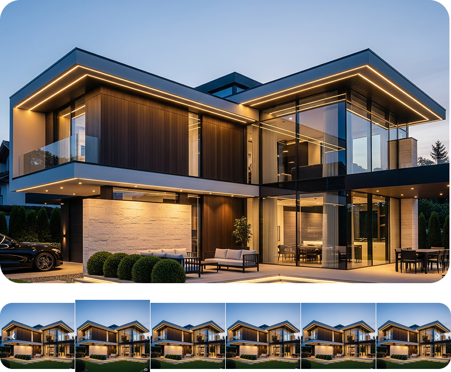 Moderna vila sa staklenim zidovima i LED osvetljenjem, dvorište sa urednim žbunjem i luksuznim automobilom.